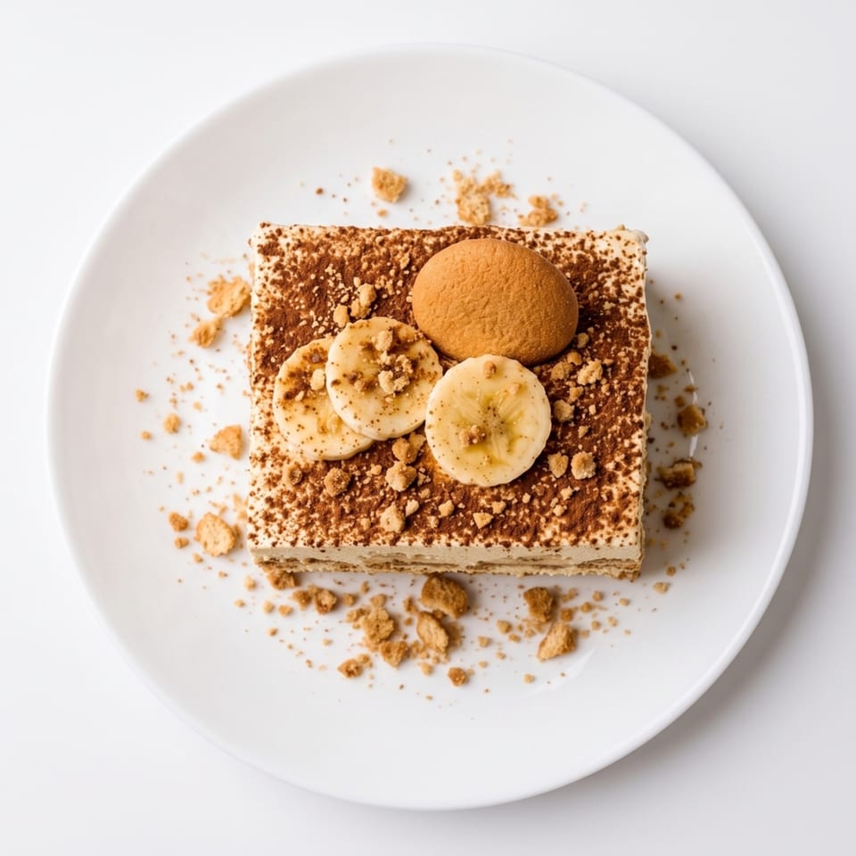 Banana pudding dessert square topped with banana slices, a cookie, and cookie crumbles.