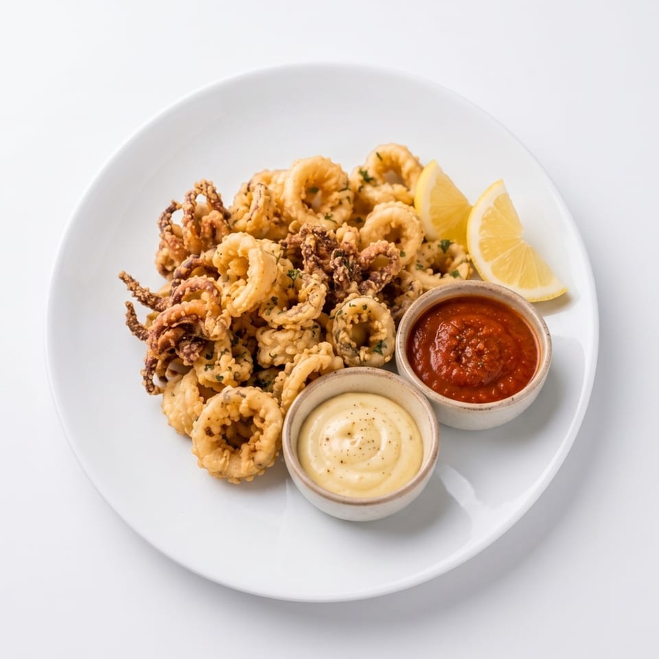 Crispy fried calamari rings and tentacles with lemon wedges, marinara, and aioli on a white plate.