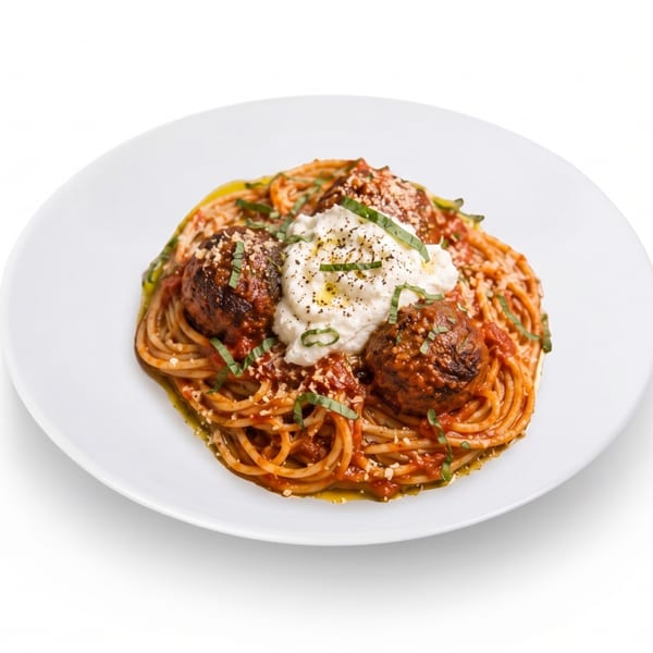 Spaghetti and meatballs with tomato sauce, ricotta cheese, basil, and parmesan on a white plate.