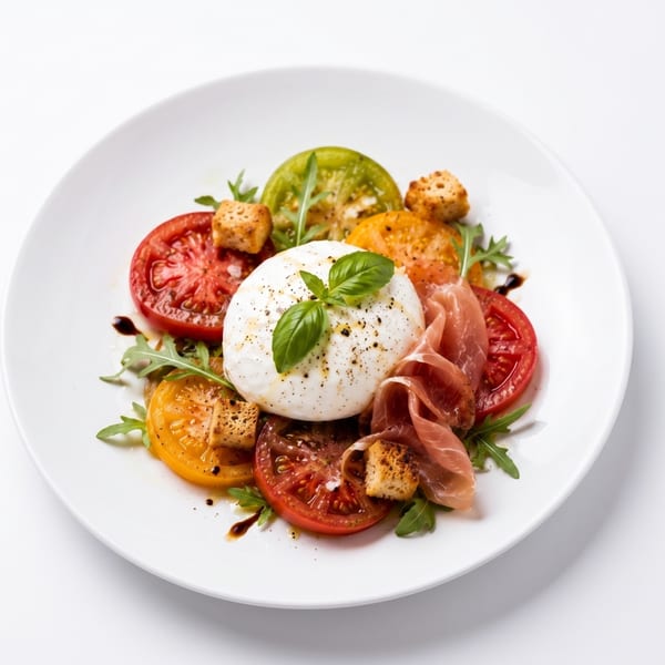 Burrata cheese with colorful heirloom tomatoes, prosciutto, croutons, arugula, and balsamic glaze on a white plate.