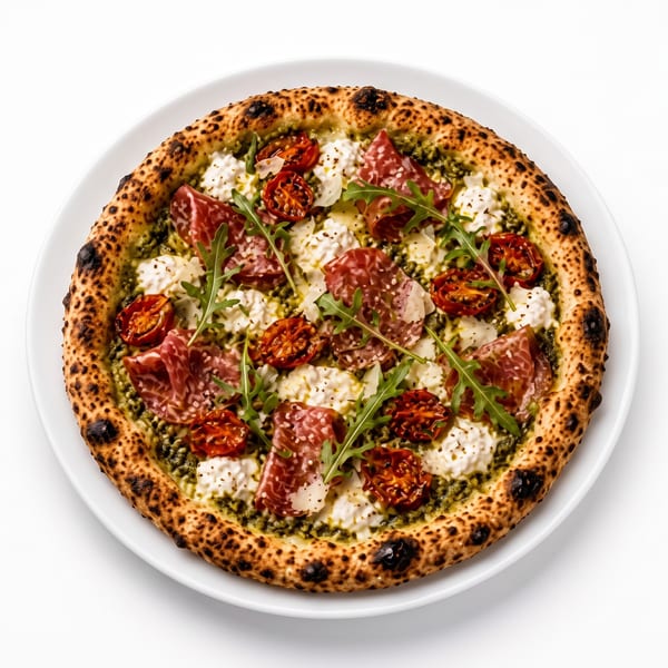 Neapolitan pizza with pesto, burrata, sun-dried tomatoes, salami, and arugula on a white plate.
