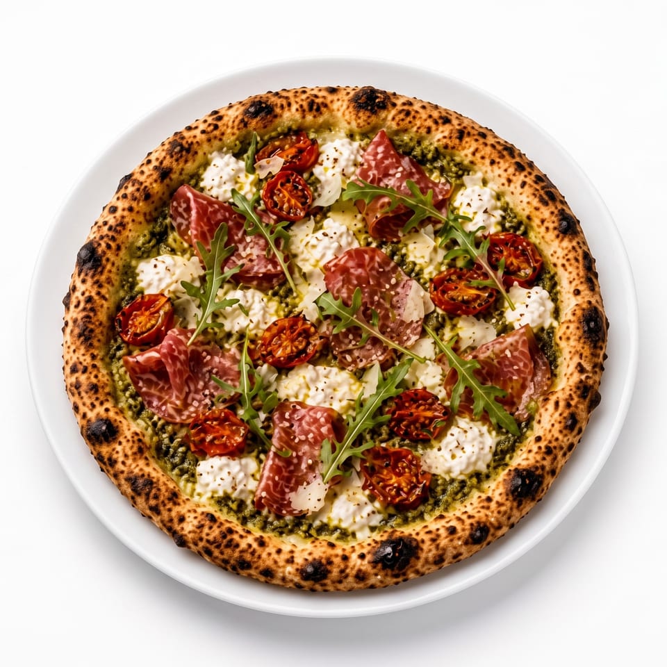 Neapolitan pizza with pesto, burrata, sun-dried tomatoes, salami, and arugula on a white plate.