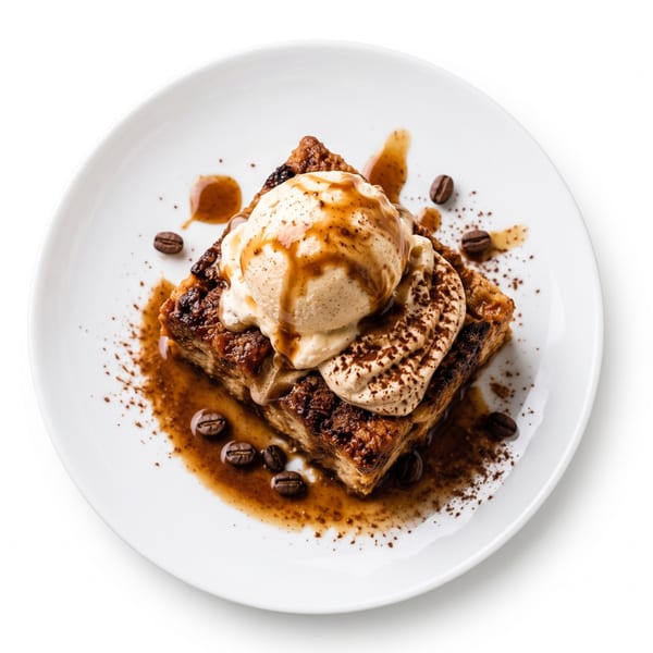 A square dessert with ice cream, coffee drizzle, whipped cream, and coffee beans on a white plate.