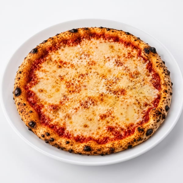 A Neapolitan Margherita pizza with a charred crust, red sauce, and melted cheese on a white plate.