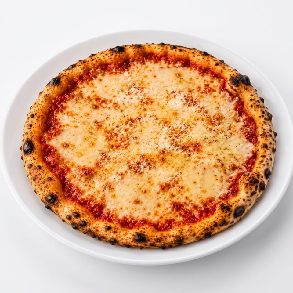 A Neapolitan Margherita pizza with a charred crust, red sauce, and melted cheese on a white plate.
