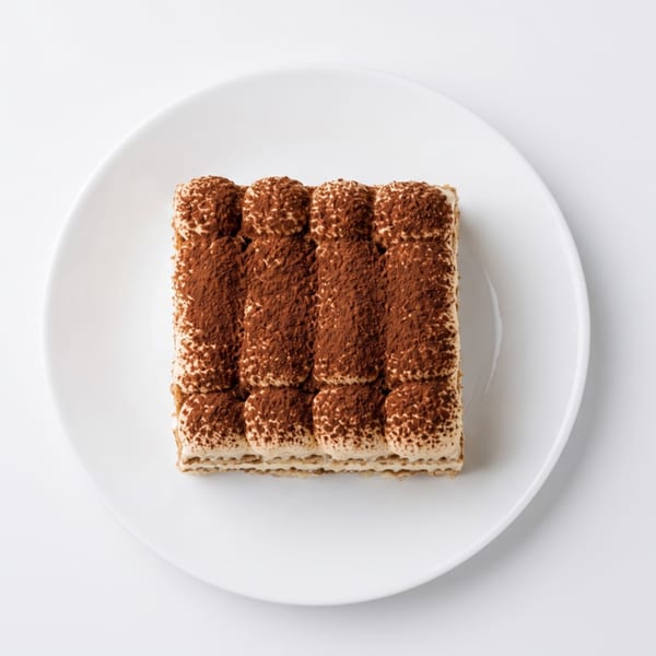 A square tiramisu dessert, topped with cocoa powder, sits on a white plate.