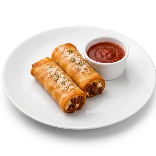 Two crispy, golden-brown egg rolls filled with meat and cheese, served with a side of marinara sauce.