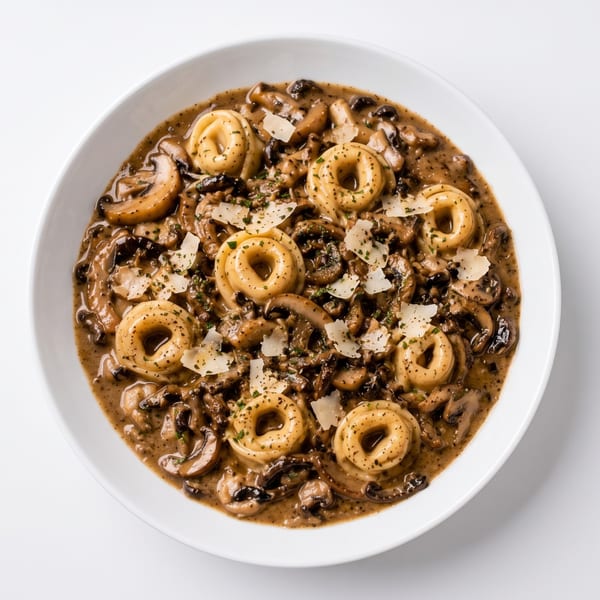 A white bowl filled with tortellini pasta in a creamy mushroom sauce, topped with parmesan cheese.