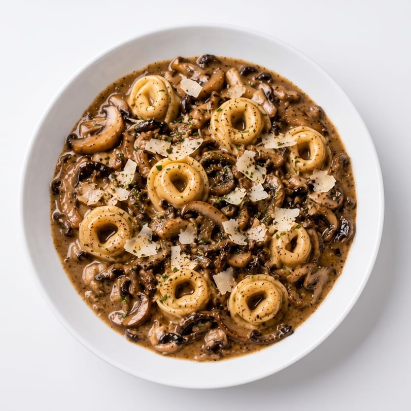 A white bowl filled with tortellini pasta in a creamy mushroom sauce, topped with parmesan cheese.