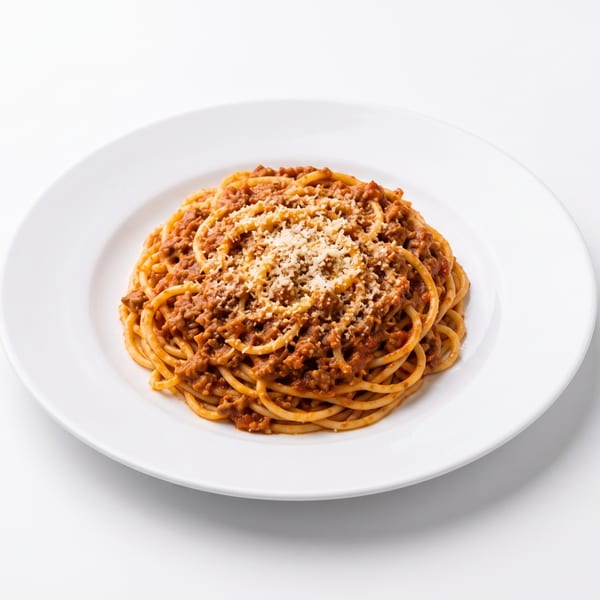 Spaghetti bolognese with meat sauce and grated cheese on a white plate.