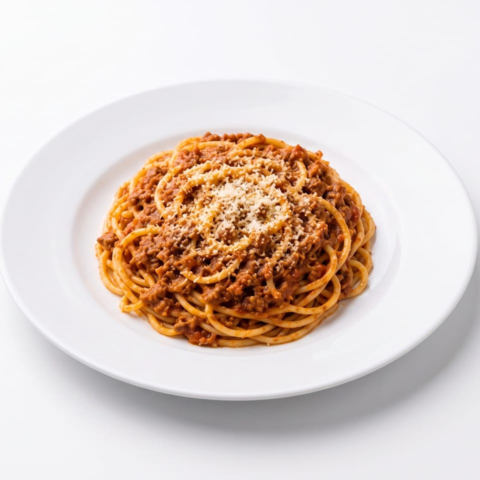 Spaghetti bolognese with meat sauce and grated cheese on a white plate.